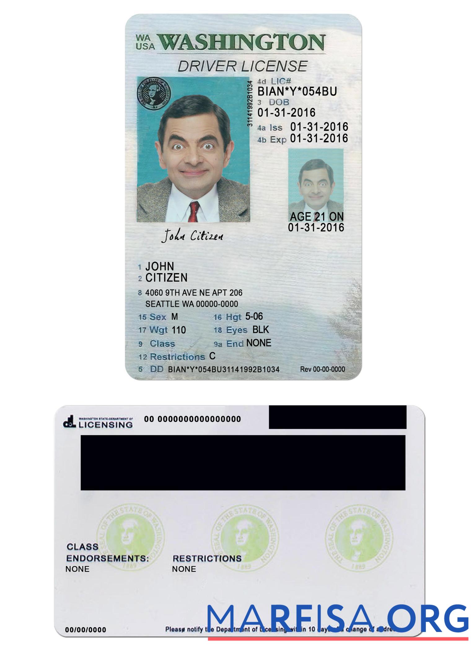 Blank USA Washigton driving license under 21 real example